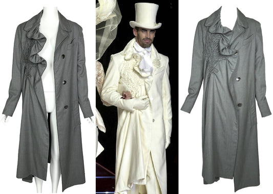 F/W 2000 Christian Dior by John Galliano Haute Couture Runway Unisex Gray Ruffle Long Coat