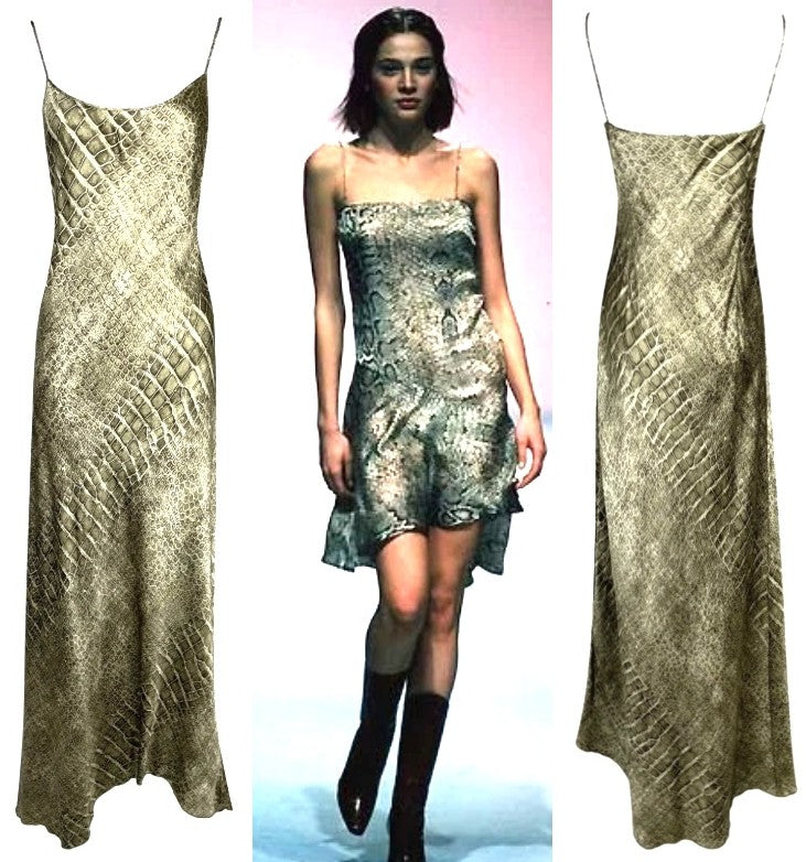 S/S 1998 Roberto Cavalli Green Silk Snakeskin Print Gold Glitter Slinky Maxi Slip Dress
