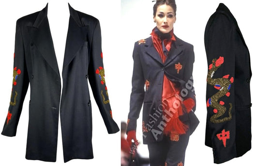 F/W 1992 Dolce & Gabbana Runway Chinoiserie Beaded Dragon Black Jacket Blazer