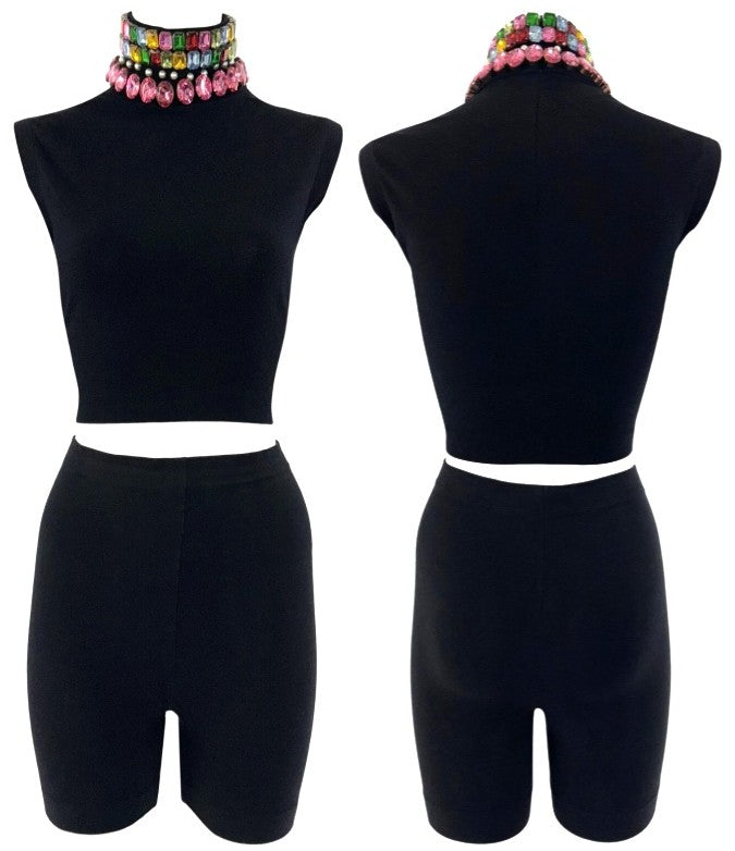 Vintage F/W 1991 Dolce & Gabbana Pin-Up Black Crystal Crop Top & High Waist Shorts Set