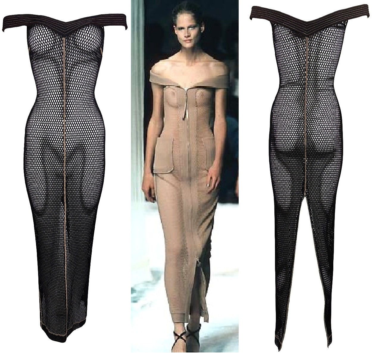 S/S 1998 Gianfranco Ferre Sheer Brown Fishnet Off Shoulder Wiggle Maxi Dress