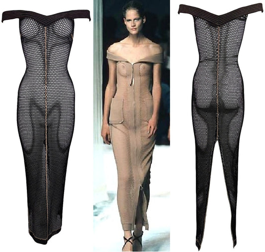 S/S 1998 Gianfranco Ferre Sheer Brown Fishnet Off Shoulder Wiggle Maxi Dress