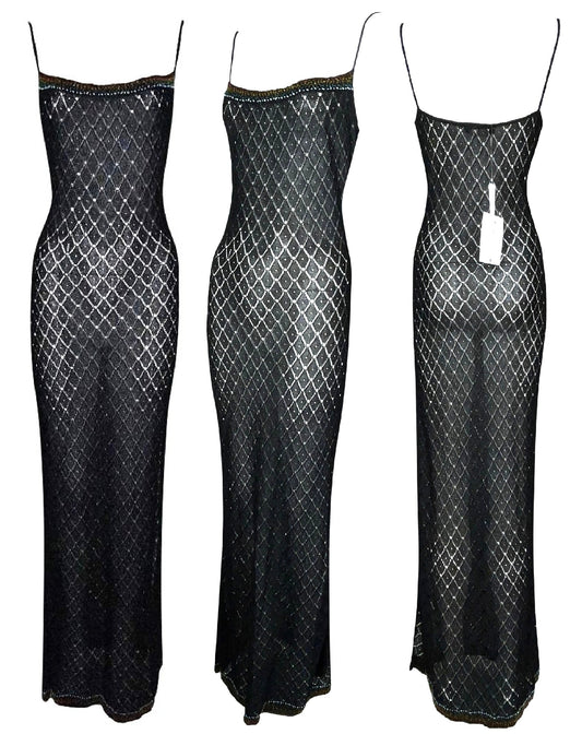 F/W 2001 Christian Dior by John Galliano NWT Sheer Black Knit Rainbow Beaded Maxi Dress