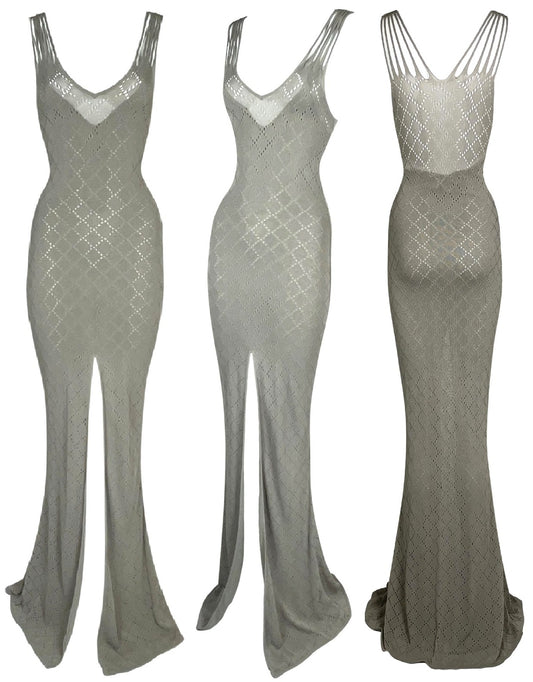 S/S 2001 Christian Dior by John Galliano Sheer Beige Knit High Slit Extra Long Maxi Dress