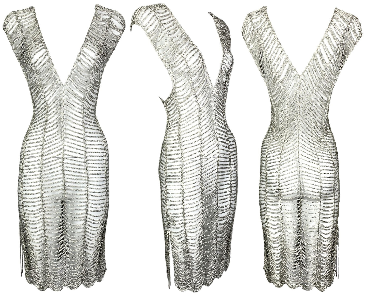 2000's Issey Miyake Sheer Silver Spiderweb Knit Plunging Dress