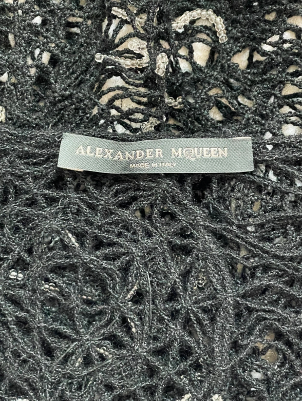 2000's Alexander McQueen Black Sheer Knit Spiderweb Beaded Fringe Sweater Top