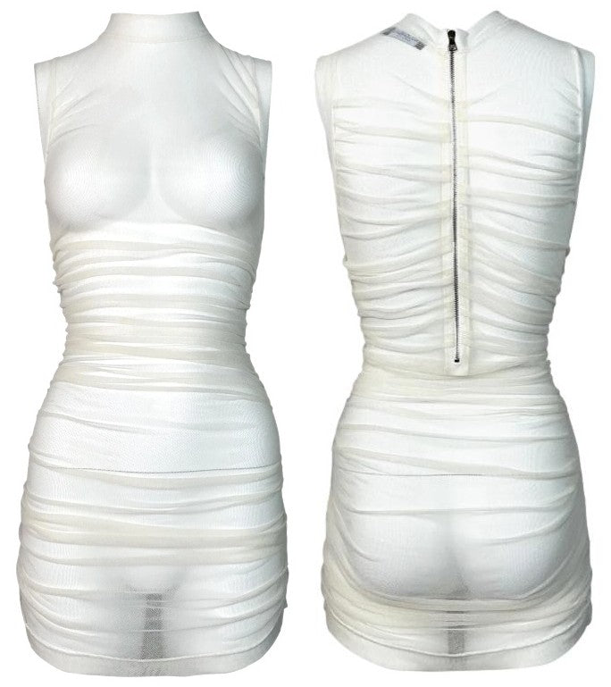 2000's Dolce & Gabbana Sheer Ivory Ruched Mesh Mini Dress