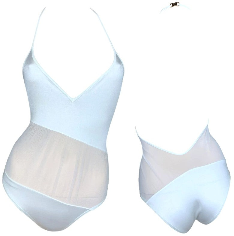 Vintage S/S 1997 Gucci x Tom Ford Sheer White Mesh Plunging Halter Swimsuit Swimwear