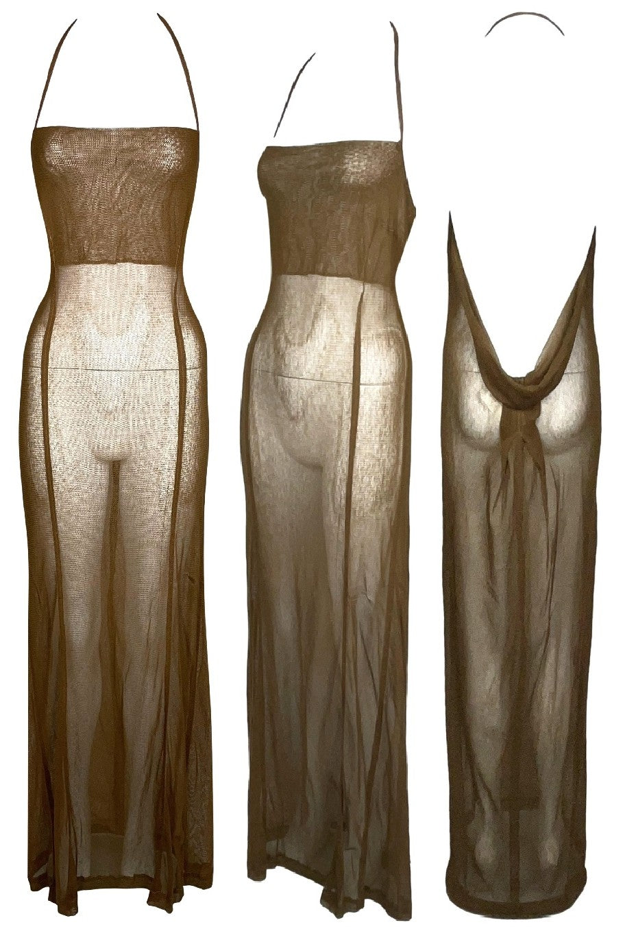 NWT Vintage 1990's Dries Van Noten Sheer Tan Brown Halter Extra Long Maxi Dress