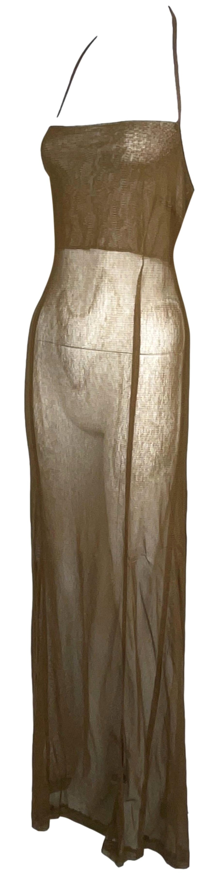 NWT Vintage 1990's Dries Van Noten Sheer Tan Brown Halter Extra Long Maxi Dress
