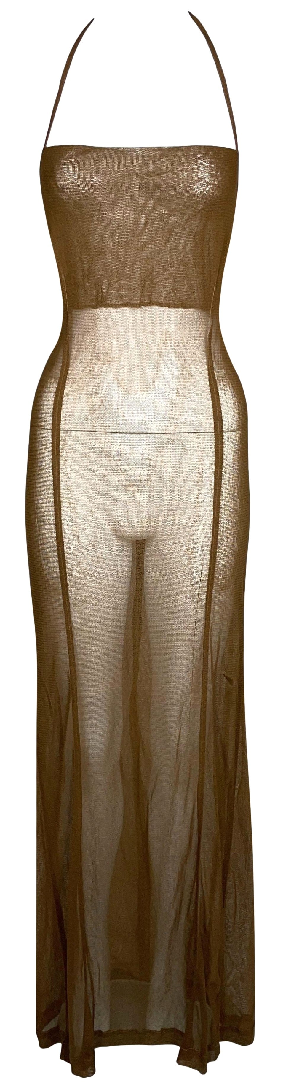 NWT Vintage 1990's Dries Van Noten Sheer Tan Brown Halter Extra Long Maxi Dress