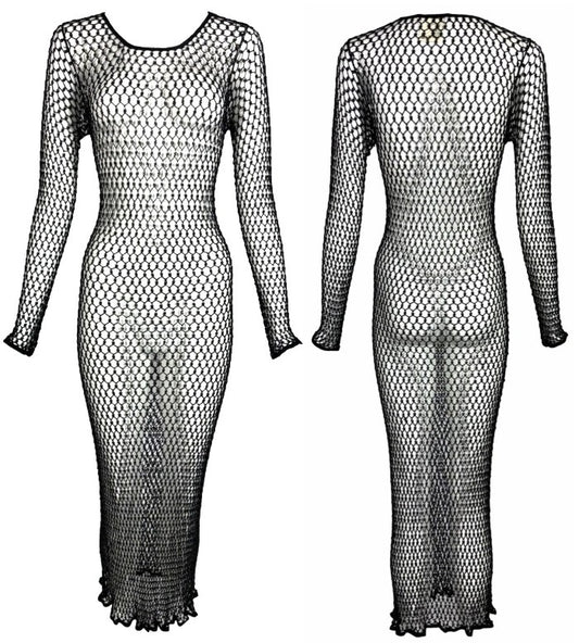 Vintage S/S 1999 Yves Saint Laurent Sheer Black Beaded Fishnet Mesh Maxi Dress
