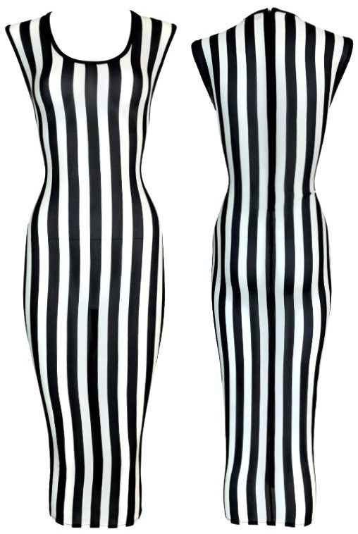 S/S 1993 Gianni Versace Sheer Stretch Silk Black & White Striped Wiggle Maxi Dress