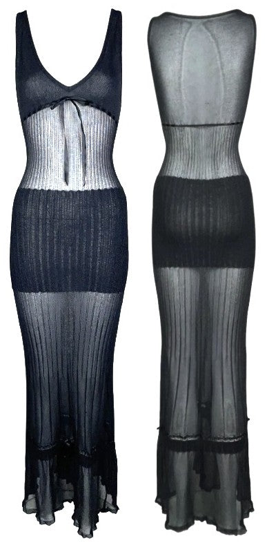 2000's Moschino Sheer Black Knit Bodycon Top & Skirt Illusion Maxi Dress