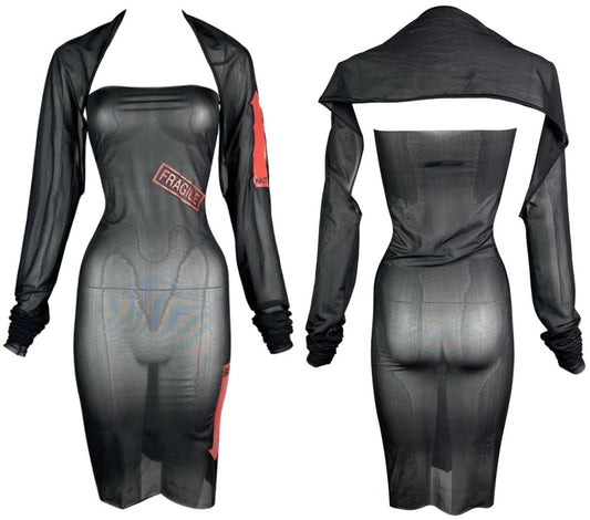 Vintage 1999 Jean Paul Gaultier Fragile Sheer Black Strapless Bodycon Stretch Dress & Shrug Top Set