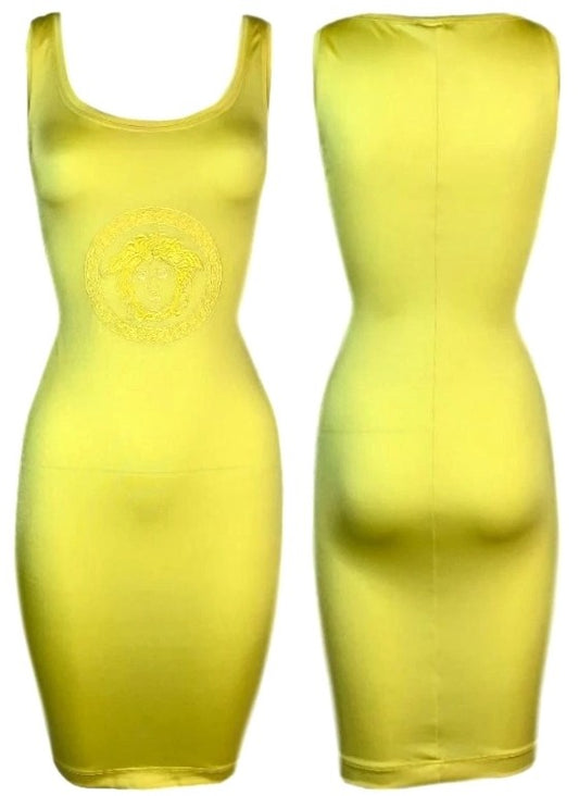 Vintage S/S 1996 Gianni Versace Neon Yellow Medusa Logo Bodycon Mini Dress