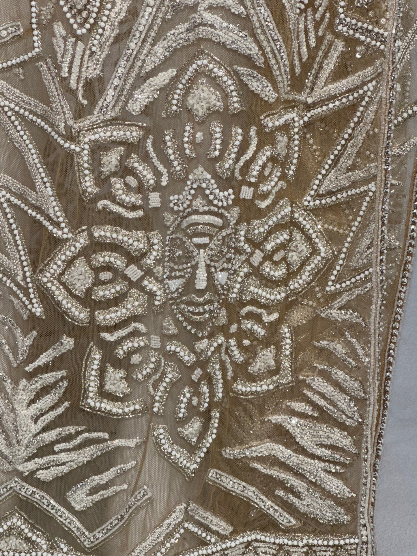C. 2011 Roberto Cavalli Couture Numbered Plunging Sheer Nude African Tribal Masai Mask Beaded Chain Corset Gown Dress w Bell Sleeves
