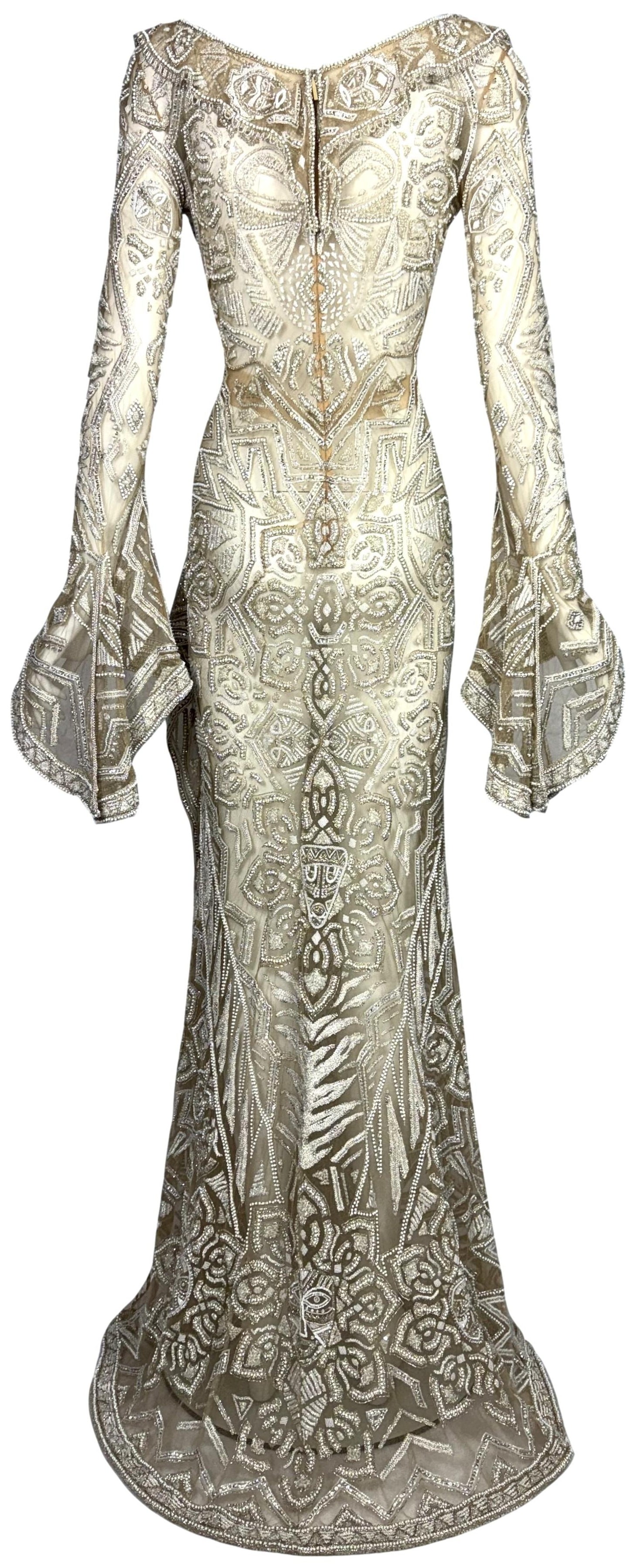 C. 2011 Roberto Cavalli Couture Numbered Plunging Sheer Nude African Tribal Masai Mask Beaded Chain Corset Gown Dress w Bell Sleeves