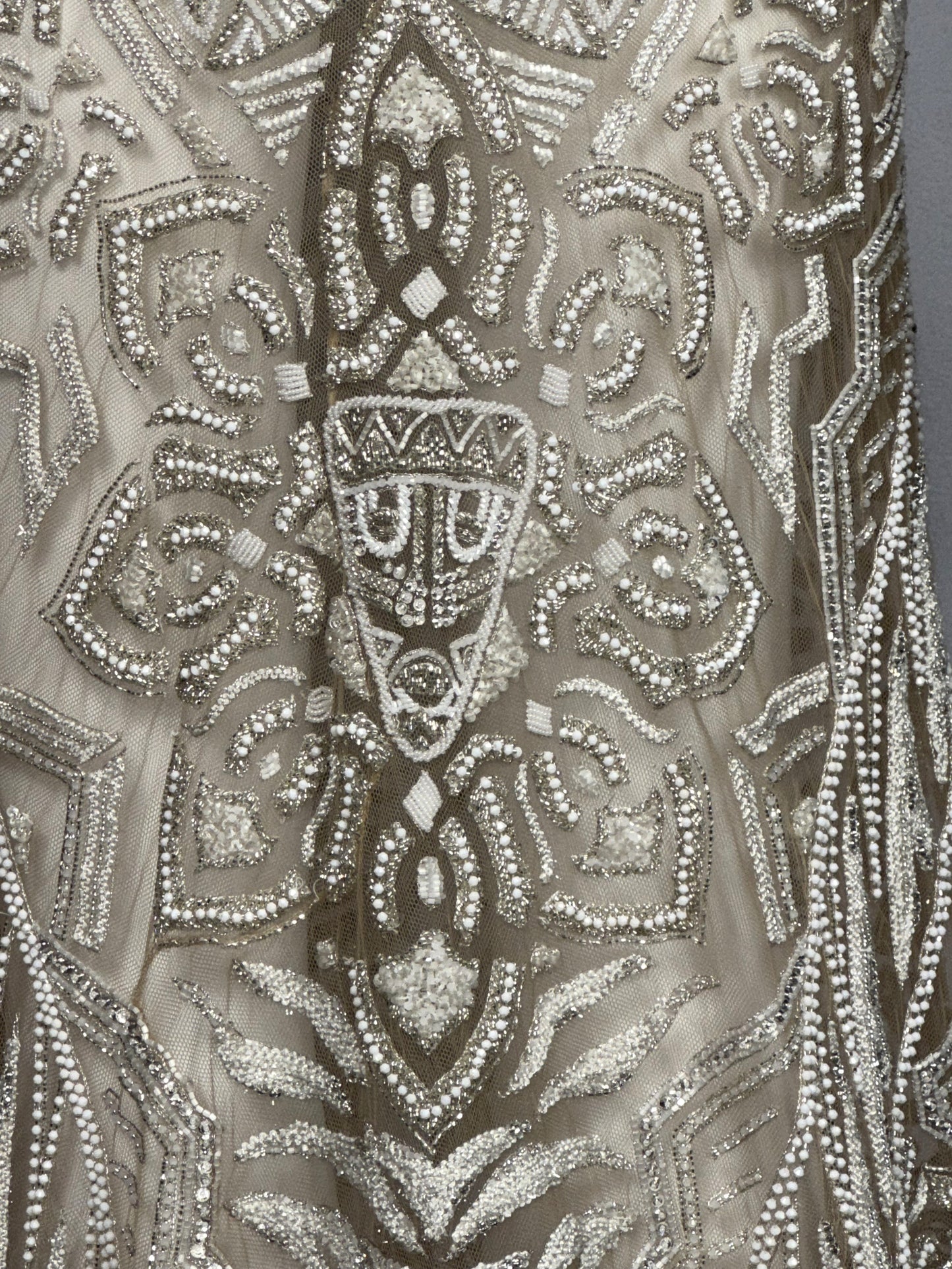 C. 2011 Roberto Cavalli Couture Numbered Plunging Sheer Nude African Tribal Masai Mask Beaded Chain Corset Gown Dress w Bell Sleeves