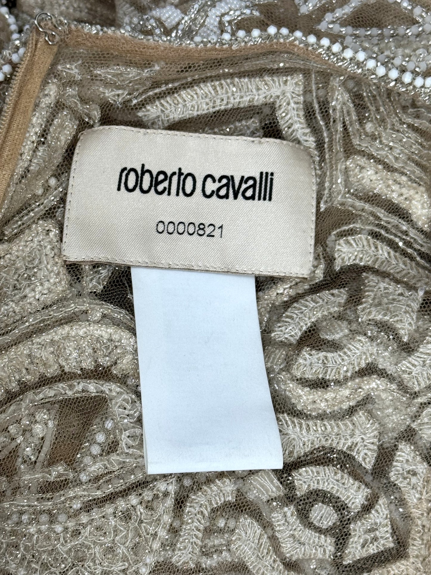C. 2011 Roberto Cavalli Couture Numbered Plunging Sheer Nude African Tribal Masai Mask Beaded Chain Corset Gown Dress w Bell Sleeves