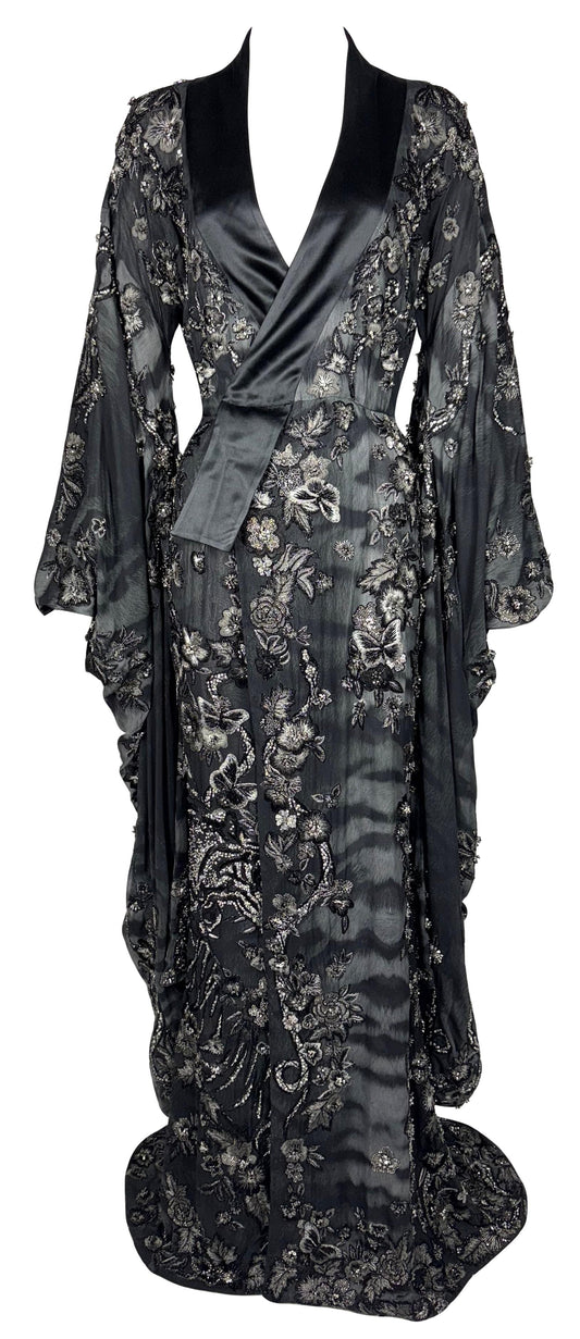 RARE Roberto Cavalli Haute Couture Custom Sheer Black Tiger Silk Japanese Cherry Blossom Fully Embellished Kimono Gown Dress w Small Train