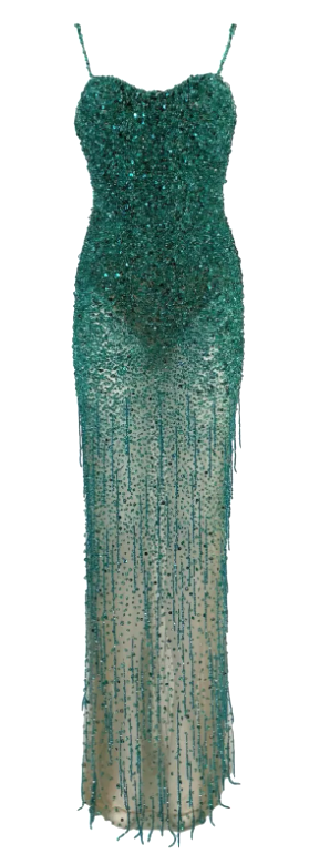 Roberto Cavalli Couture Sheer Nude Mesh Green Beaded Crystal Embellished Gown Dress