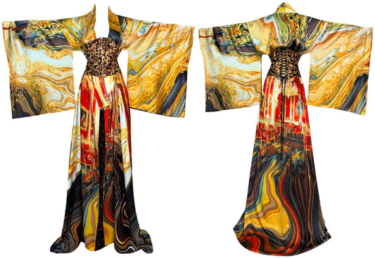 S/S 2003 Roberto Cavalli EXTREMELY RARE Extra Long Silk Reversible Kimono Dress Gown w Corset