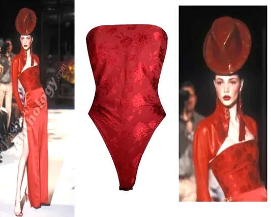 Vintage F/W 1997 Christian Dior by John Galliano Runway Red Strapless Chinoiserie Bodysuit Top