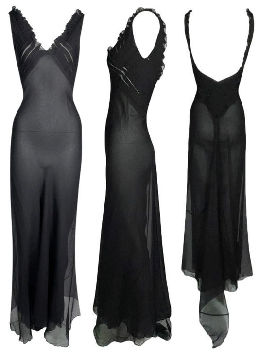 2001 Gucci by Tom Ford Sheer Black Silk Plunging Gown Dress w Small Train