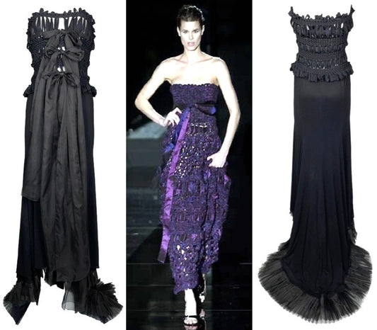 F/W 2002 Gianfranco Ferre Sheer Black Knit Macrame Strapless Gown Dress