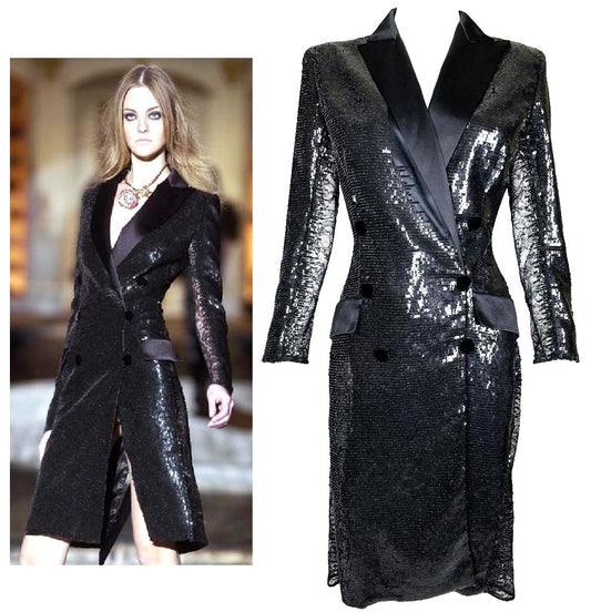 F/W 2005 Roberto Cavalli Runway Black Sequin Sheer Lace Sides Tuxedo Dress