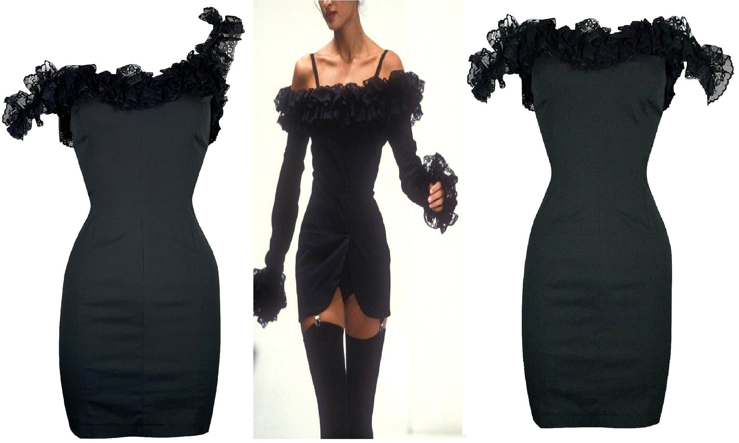 S/S 1992 Dolce & Gabbana Pin-Up Black Lace Off Shoulder Wiggle Mini Dress