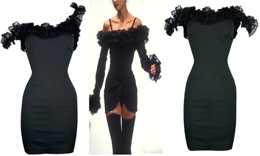 S/S 1992 Dolce & Gabbana Pin-Up Black Lace Off Shoulder Wiggle Mini Dress