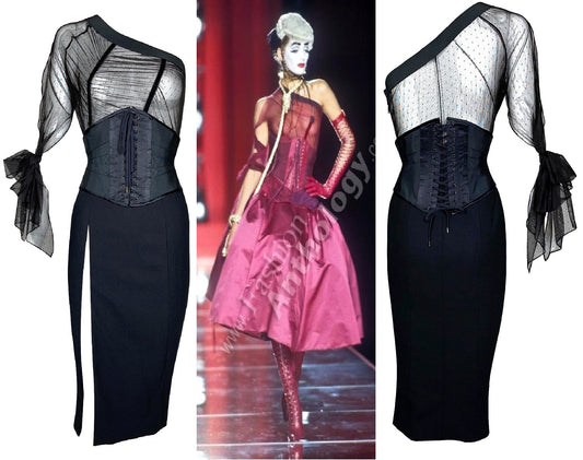 F/W 2000 Christian Dior by John Galliano Haute Couture Runway Sheer Black Corset One Arm Dress