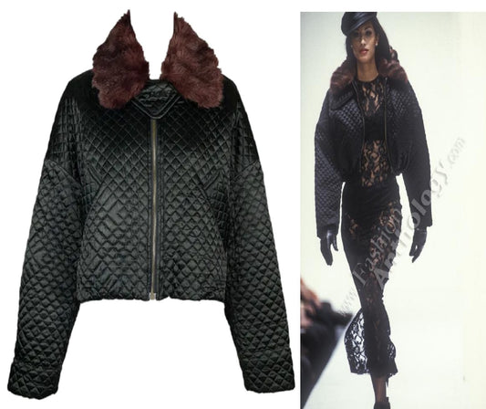 F/W 1992 Dolce & Gabbana Runway Black Quilted Faux Fur Cropped Baggy Jacket