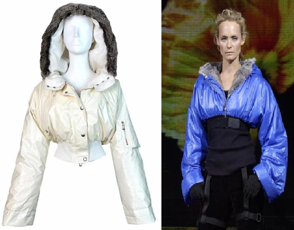 F/W 2003 Dolce & Gabbana Runway Shiny Off White Cropped Puffer Coat Jacket w Fur