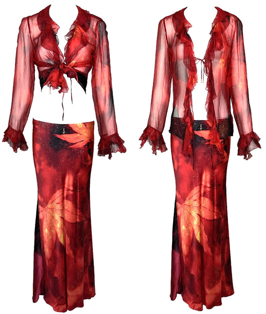 F/W 1999 Roberto Cavalli Sheer Red Silk Top & Maxi Skirt Set