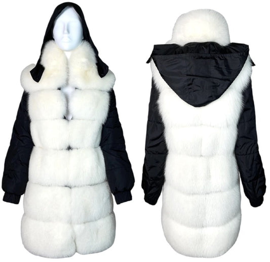 2000's Jean Paul Gaultier White Fox Fur Black Hooded Puffer Coat Jacket