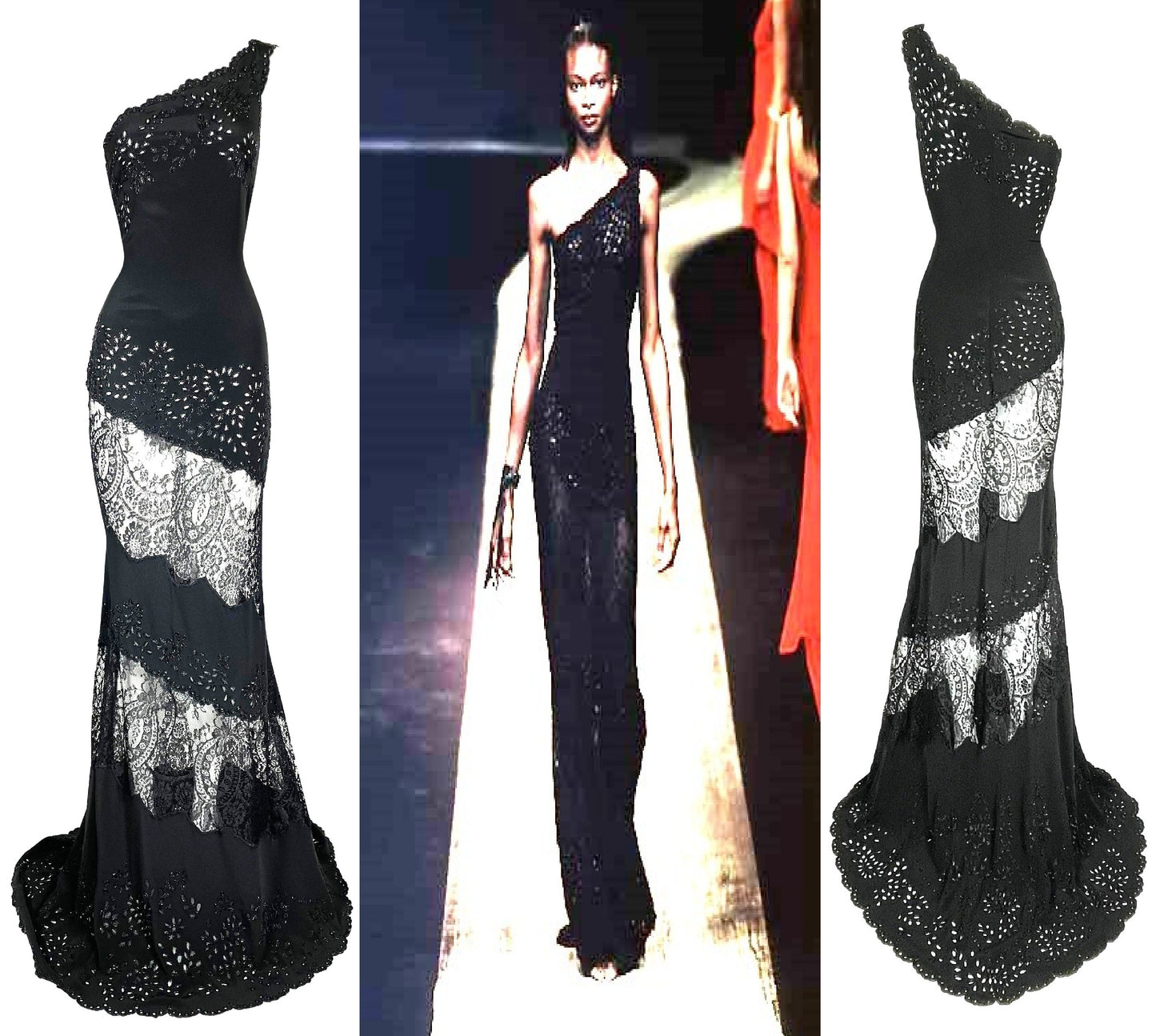 Vintage S/S 1998 Valentino Runway Sheer Black Lace Eyelet One Shoulder Gown Dress