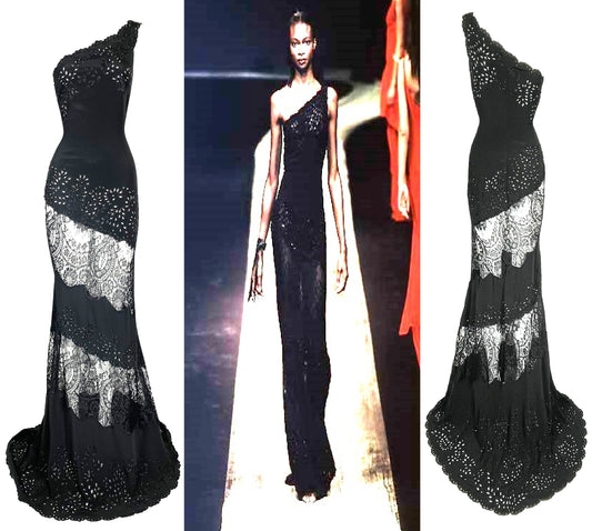 Vintage S/S 1998 Valentino Runway Sheer Black Lace Eyelet One Shoulder Gown Dress