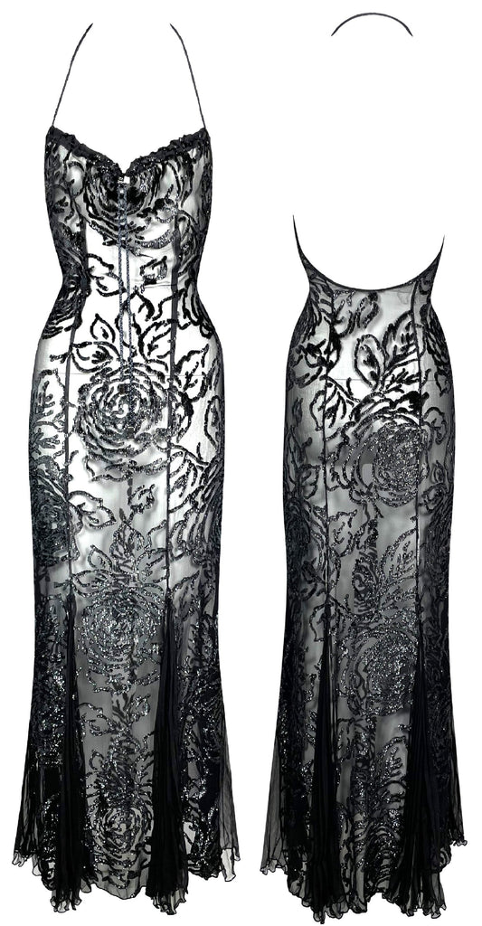 F/W 2001 Christian Dior by John Galliano Sheer Metallic Black Halter Drawstring Mermaid Maxi Dress