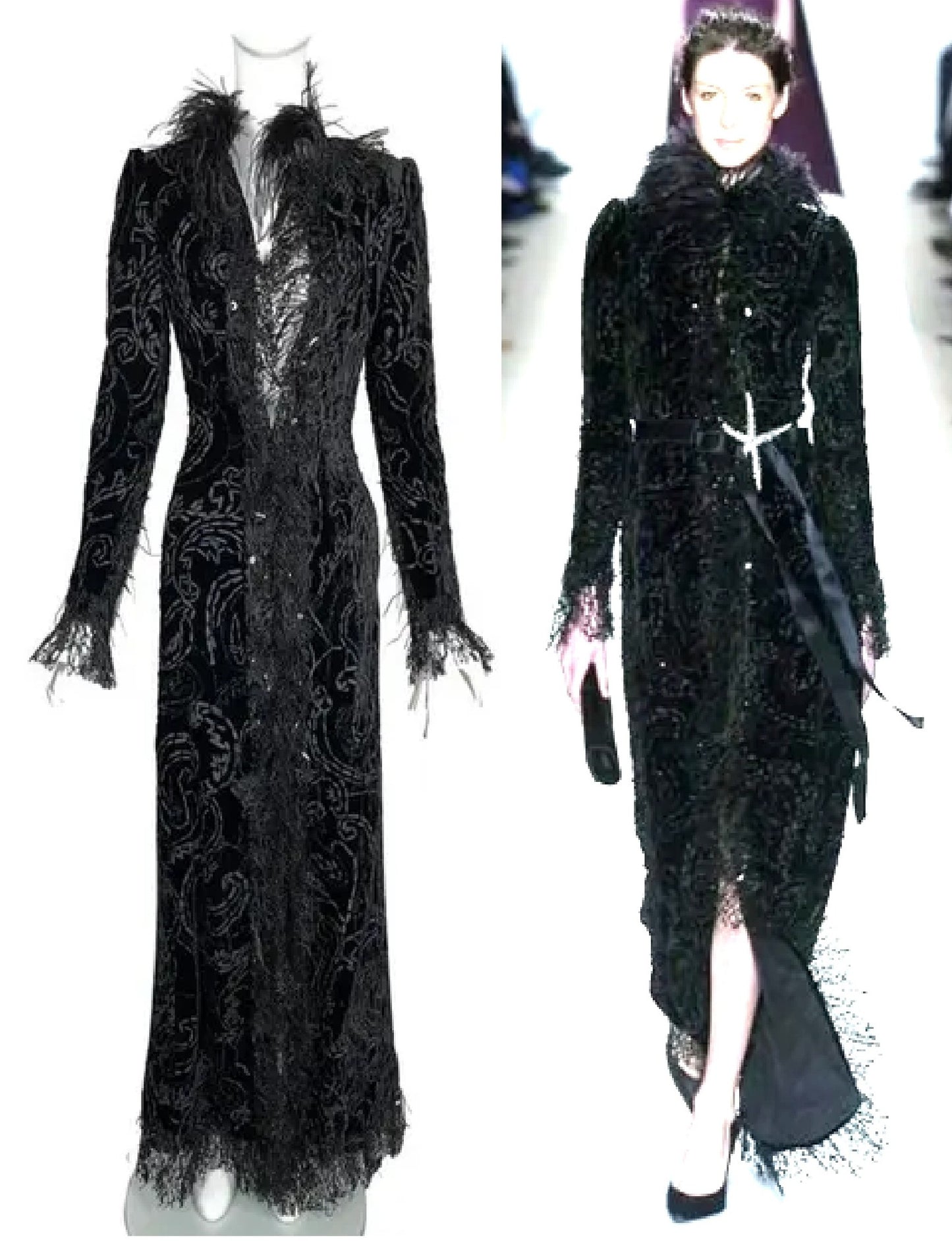 NWT F/W 2004 Oscar de la Renta Runway Black Goth Princess Lace & Feathers Maxi Coat Dress