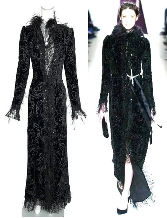 NWT F/W 2004 Oscar de la Renta Runway Black Goth Princess Lace & Feathers Maxi Coat Dress