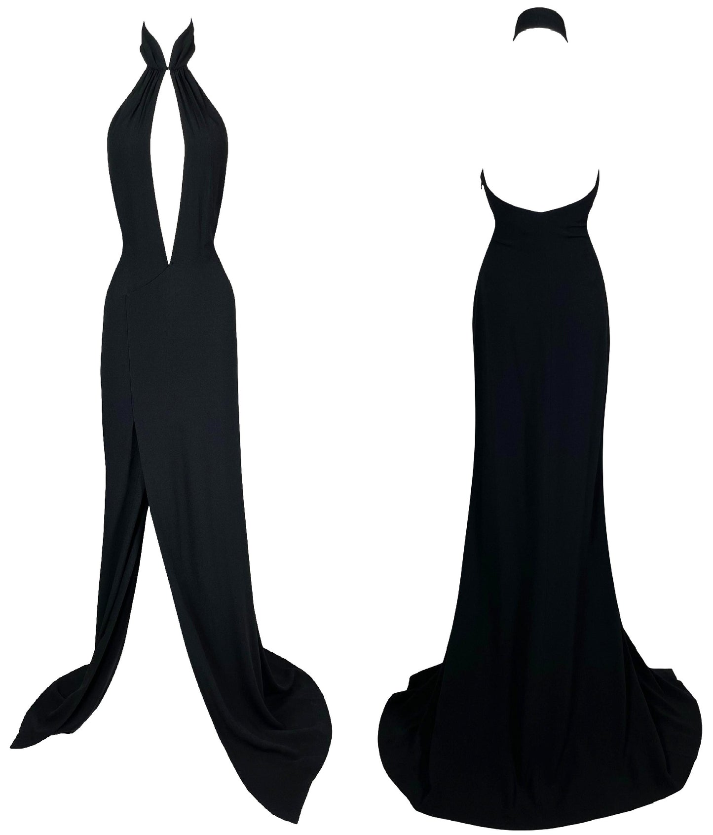 Vintage F/W 2001 Ralph Lauren Collection Black Goth Princess Choker Plunging Gown Dress w High Slit