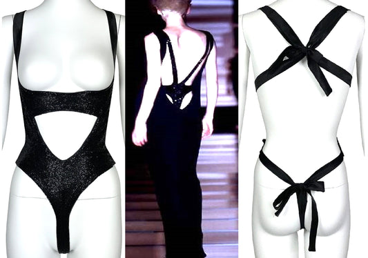 Vintage S/S 1997 Gianfranco Ferre Black Beaded Lingerie Bodysuit Top