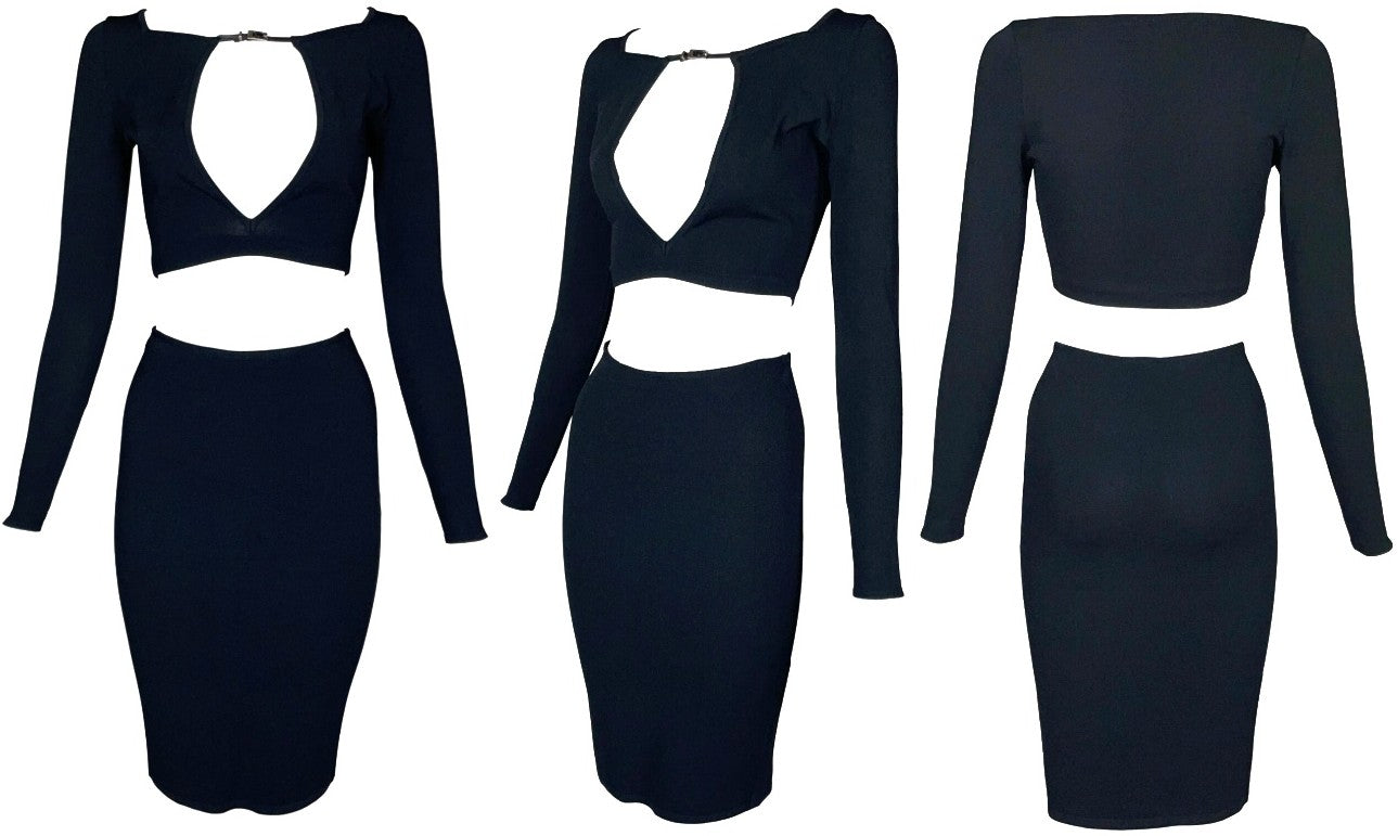 S/S 1998 Gucci x Tom Ford Black Cut-Out Crop Top & High Waist Stretch Bodycon Skirt Set