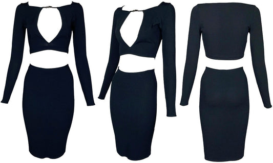 S/S 1998 Gucci x Tom Ford Black Cut-Out Crop Top & High Waist Stretch Bodycon Skirt Set