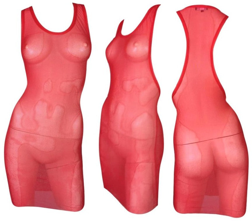Vintage 1998 Gucci x Tom Ford Red Sheer Mesh Nylon Bodycon Halter Tank Mini Dress