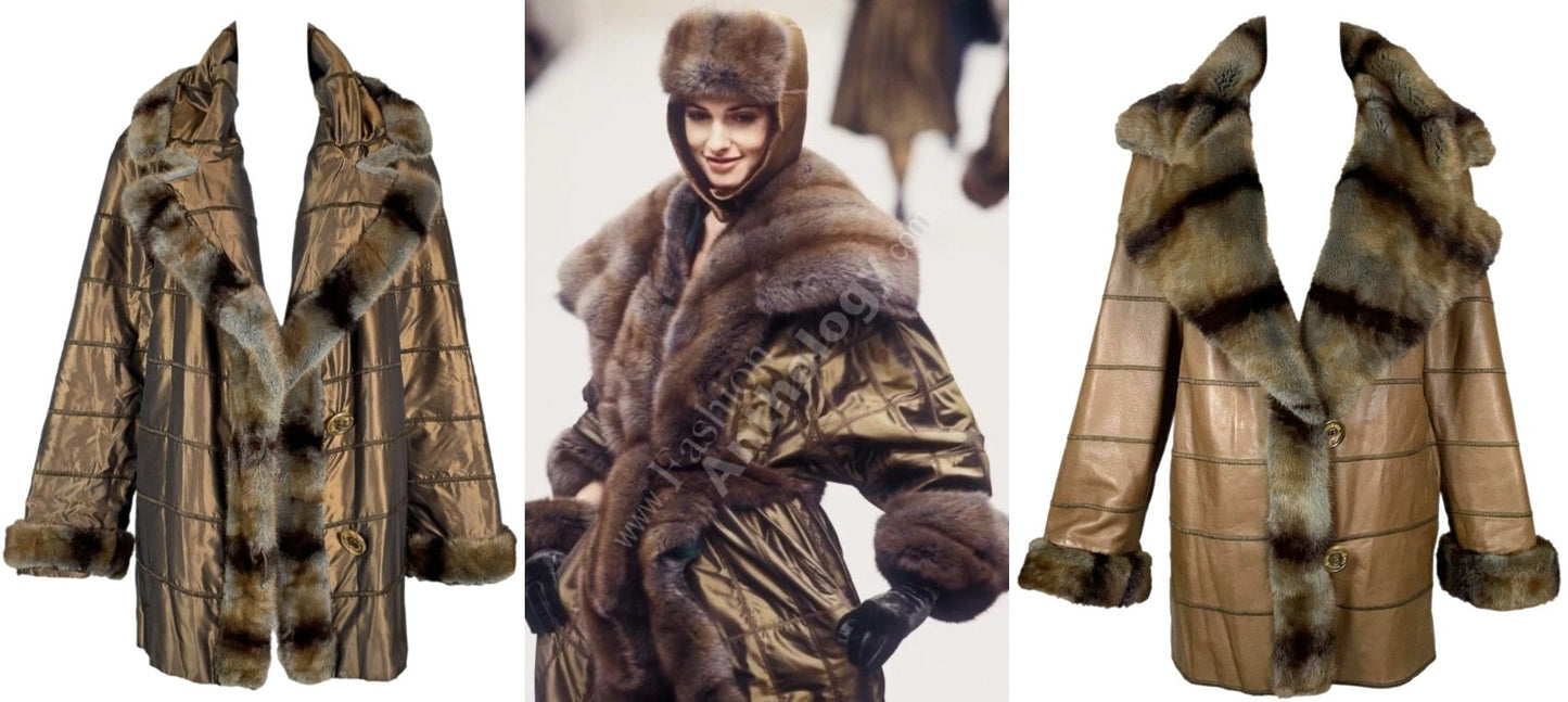 F/W 1995 Fendi x Karl Lagerfeld Runway Leather & Silk Reversible Fur Coat Jacket
