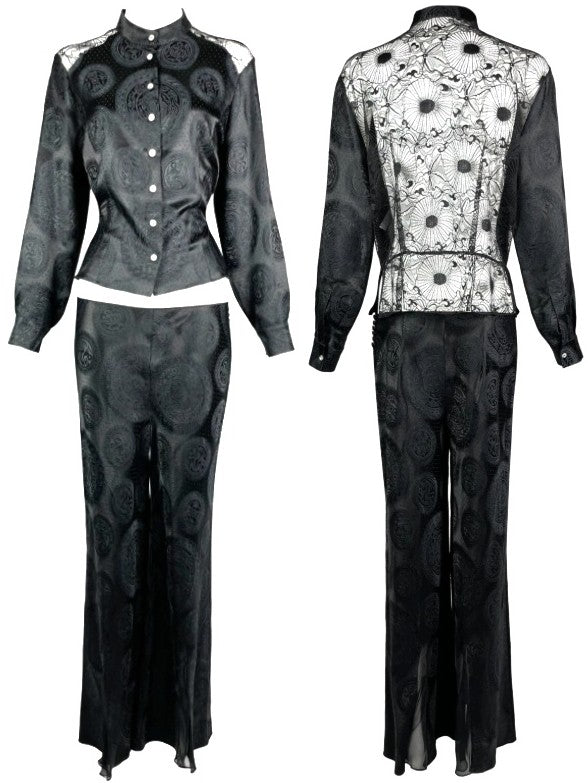 F/W 2002 John Galliano Black Silk Cheongsam Chinoiserie Sheer Lace Blouse Pant Suit Set